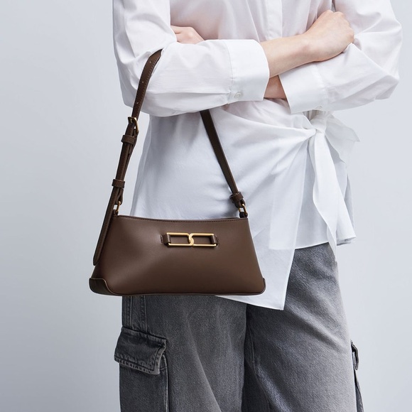 NWOT Charles & Keith Gabine Leather Trapeze Bag - Dark Brown, GENUINE LEATHER - Picture 9 of 11